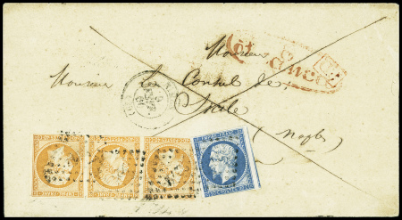 N°14 + 16 en bande de 3 obl PC 2272 + T15 Nîmes (1