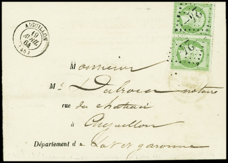 N°20 5c vert-jaune en paire obl GC 24 + T15 "Aigui