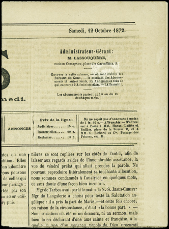 N°52 4c gris obl typo sur journal "Le gers". TB