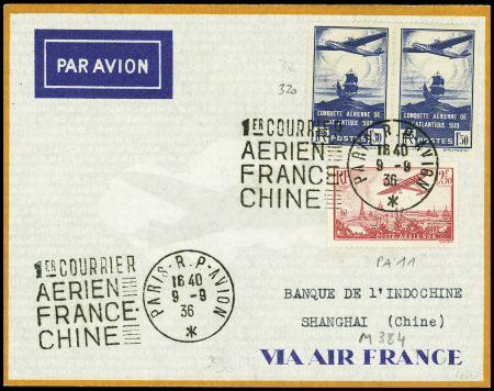 N°320 en paire + PA11 obl Paris Paris RP avion (9.