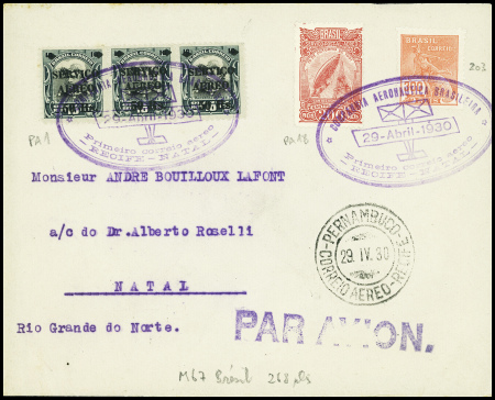 Brésil n°203 + PA1, bande de 3 + PA18 obl CAD oval