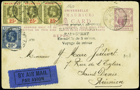 Maurice n°140 en bande de 3 + n°170 obl Port-Louis