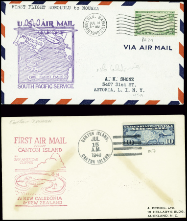 15.7.1940 2 lettres US 1ers vols Honolulu - Nouméa