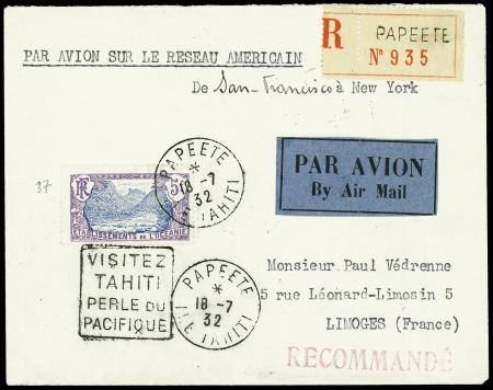 Océanie n°37 obl Papeete (18.7.32) sur lettre reco