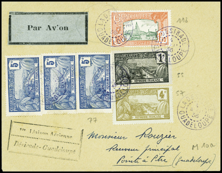 Guadeloupe n°116 + 77, bande de 3 + 55 + 57 obl La