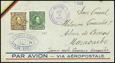 Vénézuela n°145 + 147 obl Caracas (6.10.29) sur le