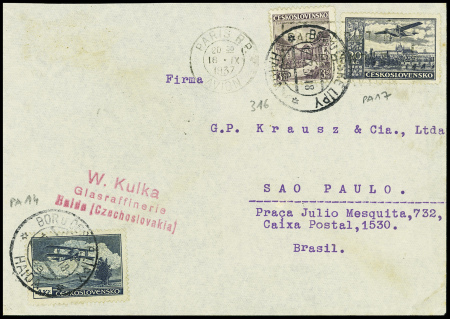 Tchecoslovaquie n°316 + PA17 obl Halda sur lettre 