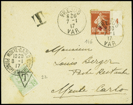 Timbre de Monaco N°22 utilisé comme timbre-taxe, surchargé