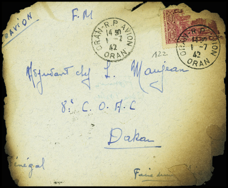 Algérie n°122 obl Oran RP avion (1.7.42) sur env b