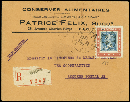 N°181 1F50 Pasteur obl Brive (1928) sur porte timb