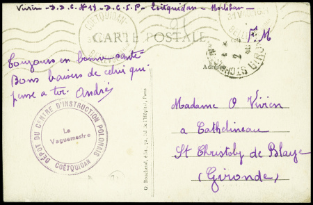 Carte postale en franchise avec cachet violet "Dép