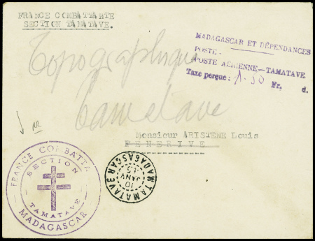 Lettre avec CAD de Tamatave (10 janv 45) + griffe 
