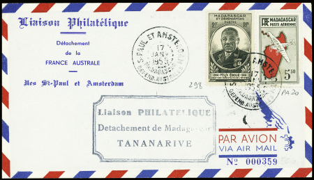 Madagascar n°298 + PA20 obl CAD "S.Paul et Amsterd