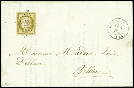 N°1 10c bistre-jaune obl PC 2214 + T15 "Muzillac (