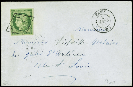 N°2 15c vert obl grille + T15 "Paris (60)" (1851)