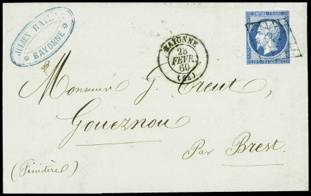 N°14 obl grille + T15 Bayonne (1860) sur lettre, i