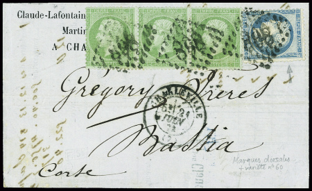 N°35 5c vert pâle sur bleu, bande de 3 + n°60 obl GC