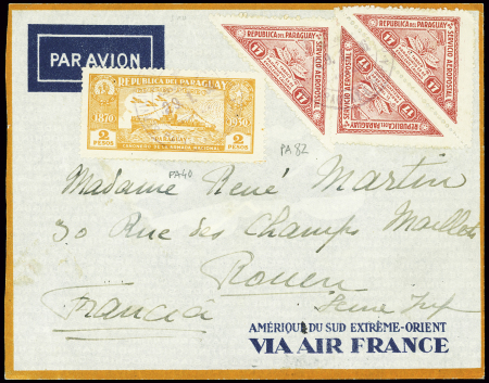 Paraguay PA40 + PA82, 3 pièces sur lettre d'Asunci