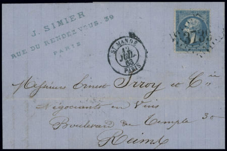 N°22 20c bleu obl GC 3739 + T15 "St Mandé Paris" (