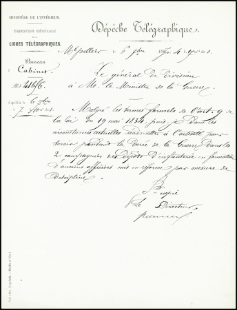 2 dépêches télégraphiques de Montpellier des 6 et 