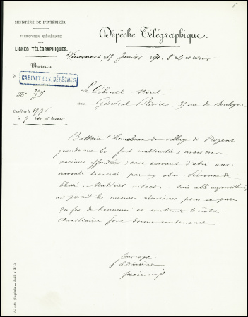 Dépêche télégraphique de Vincennes (18 janv 71) au