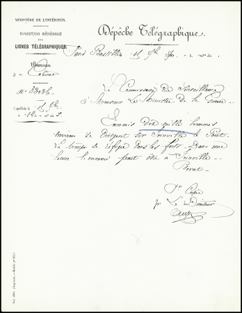 Dépêche télégraphique de Paris Bastille (15 sept 7