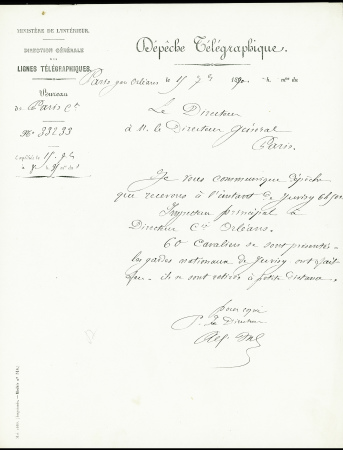 Dépêche télégraphique de Paris gare d'Orléans anno