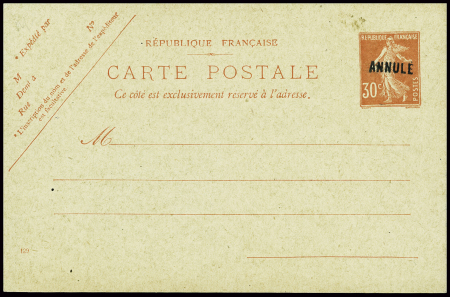 Carte postale 30c rouge, avec surcharge ANNULE, neuf,