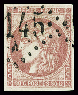 N°49d obl. Très rare nuance groseille annotée par Roger