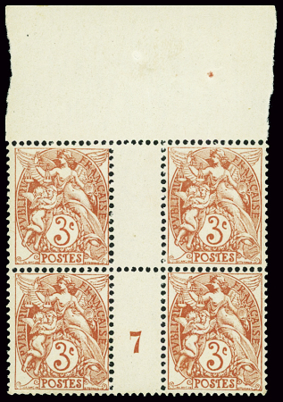 N°109g 3c rouge, millésime 7 dans bloc de 4 interpanneau