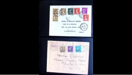 2 albums contenant une collection de 130 lettres période semeuse, la plupart de Paris. On note 2 oblitérations mécaniques d'essai Chambon de paris, 2 R. Milton et de Paris 118 R. d'Amsterdam, une levée exceptionnelle hex