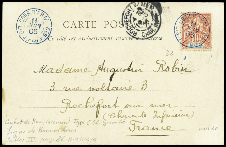 N°22 obl CAD rond bleu "Corr d'arm lig J. PAQ. F N