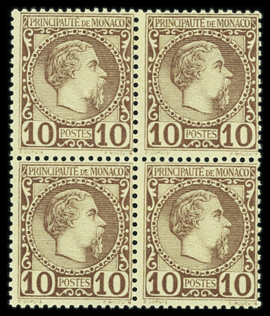 N°4 10c lilas-brun sur jaune, bloc de 4, très frais,