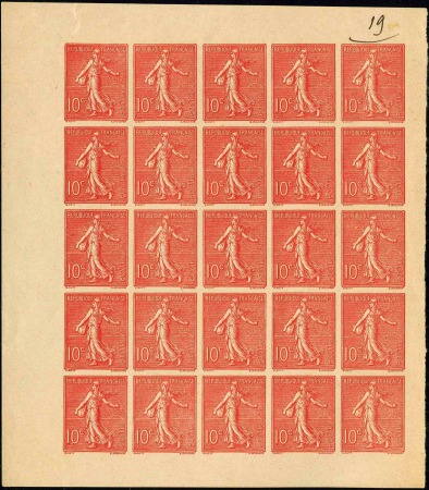 N°129 10c Semeuse lignée bloc de 25 timbres non de