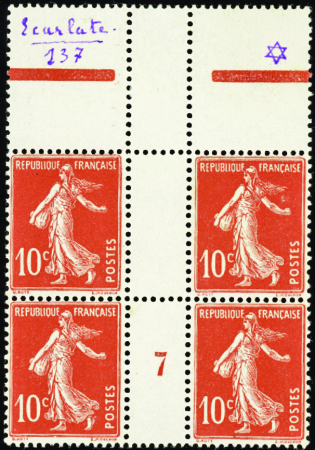 N°138c 10c Semeuse écarlate bloc de 4 haut de feui