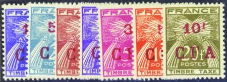 TAXE N°36 à 42 7 essais de surcharge en rouge sans