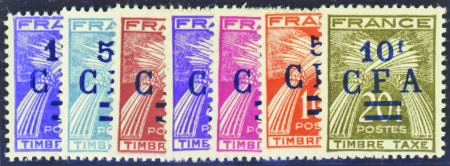 TAXE N°36 à 42 7 essais de surcharge en bleu neufs