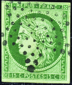 N°2b 15c vert foncé obl. étoile TB  signé Brun et 