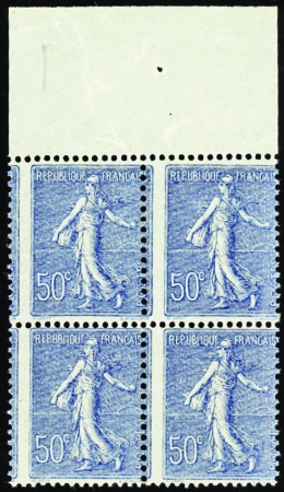 N°161 50c Semeuse lignée bloc de 4 piquage à cheva