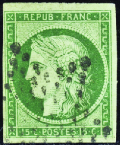 N°2 15c vert obl. étoile TB signé Brun