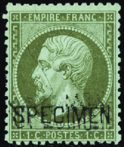 N°19f 1c olive surcharge "spécimen" triplée neuf* 