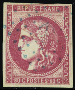 N°49 80c rose obl. ancre bleue TB signé Brun