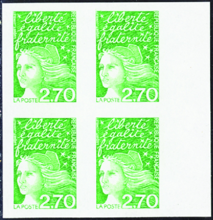 N°3091d 2f70 vert bloc de 4 non dentelé accidentel