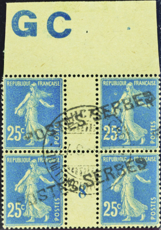 N°140 25c Semeuse bleu bloc de 4 haut de feuille m