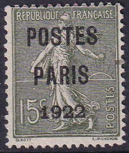 N°31 15c Semeuse lignée "Postes Paris 1922" neuf (