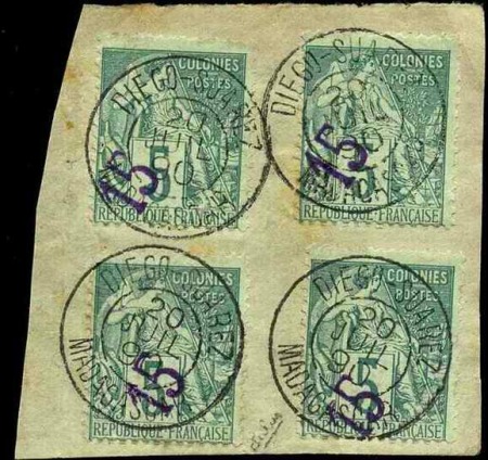 N°2 15 sur 5c vert 4 timbres sur fragment obl. TB 