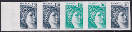 N°1972 1f Sabine bande de 5 essais TB