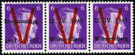 Wurtemberg n°3 bande de 3, 1 timbre surcharge renv