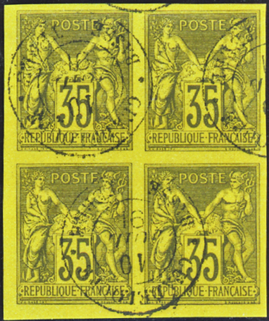 N°45 35c violet-noir sur jaune bloc de 4 obl. Bass