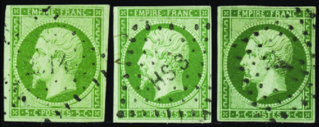 N°12 5c vert-jaune + n°12a vert +12b vert foncé ob